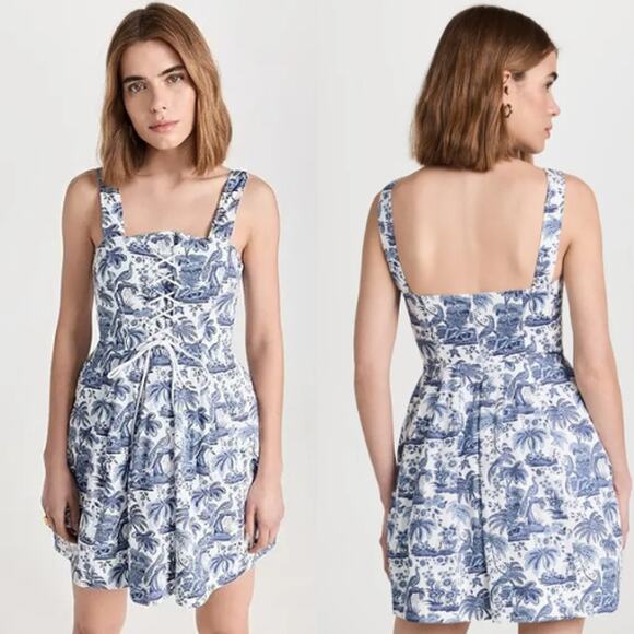 STAUD Mini Sutton Dress Boned Lace-Up Printed Fairy Balletcore Blue Size 10 - Picture 1 of 10